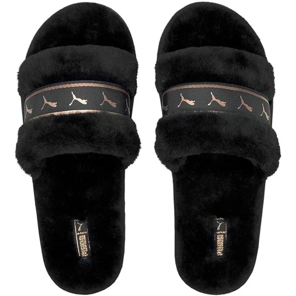Hard to find PUMA Women's Metallic Fluff REMIX black & gold Slides in size 10 - Picture 3 of 4